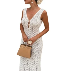 Alternative view of Solid Color Hollow Knitted Beach Vacation Dress Elegant Sleeveless Skinny Cover-up Dress Women Sexy Perspective Swimwear Dress