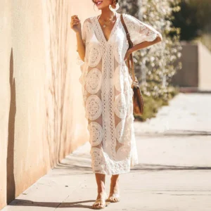 Summer New Kaftan Robes Sexy Solid Color Lace Hollow Bikini Cover-up Fashion V Neck Batwing Sleeve Transparent Sunscreen Dresses