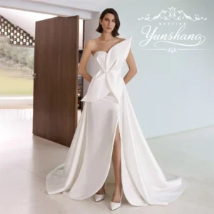 YunShang Customized Strapless A-Line Wedding Dress Sleeveless High Split Detachable Sweep Train Morden Simple Bow Ruffles Newest