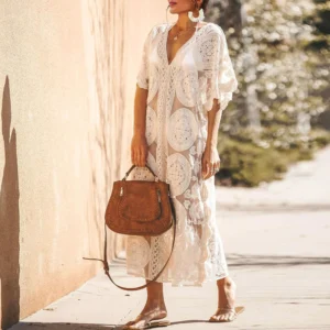 Alternative view of Summer New Kaftan Robes Sexy Solid Color Lace Hollow Bikini Cover-up Fashion V Neck Batwing Sleeve Transparent Sunscreen Dresses