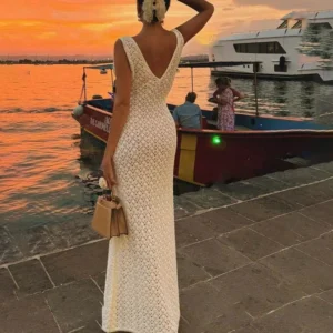 Solid Color Hollow Knitted Beach Vacation Dress Elegant Sleeveless Skinny Cover-up Dress Women Sexy Perspective Swimwear Dress